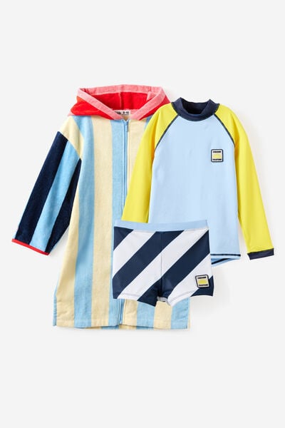 Boys Flynn Rash Vest + Billy Swim Trunk & Zip Thur Hooded Towel Set, 